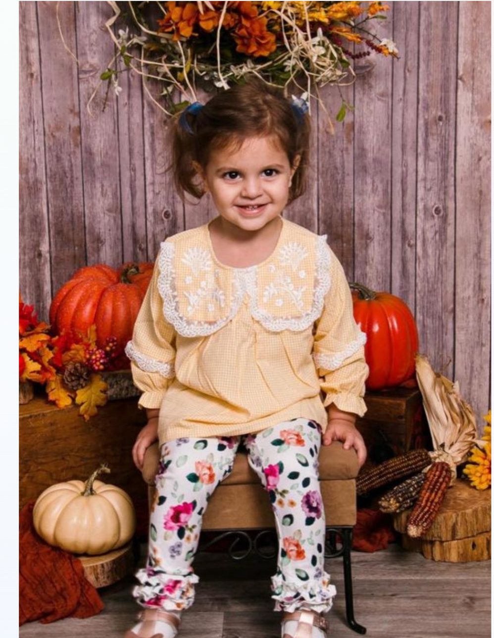 Yellow floral embroidery ruffle girl set
