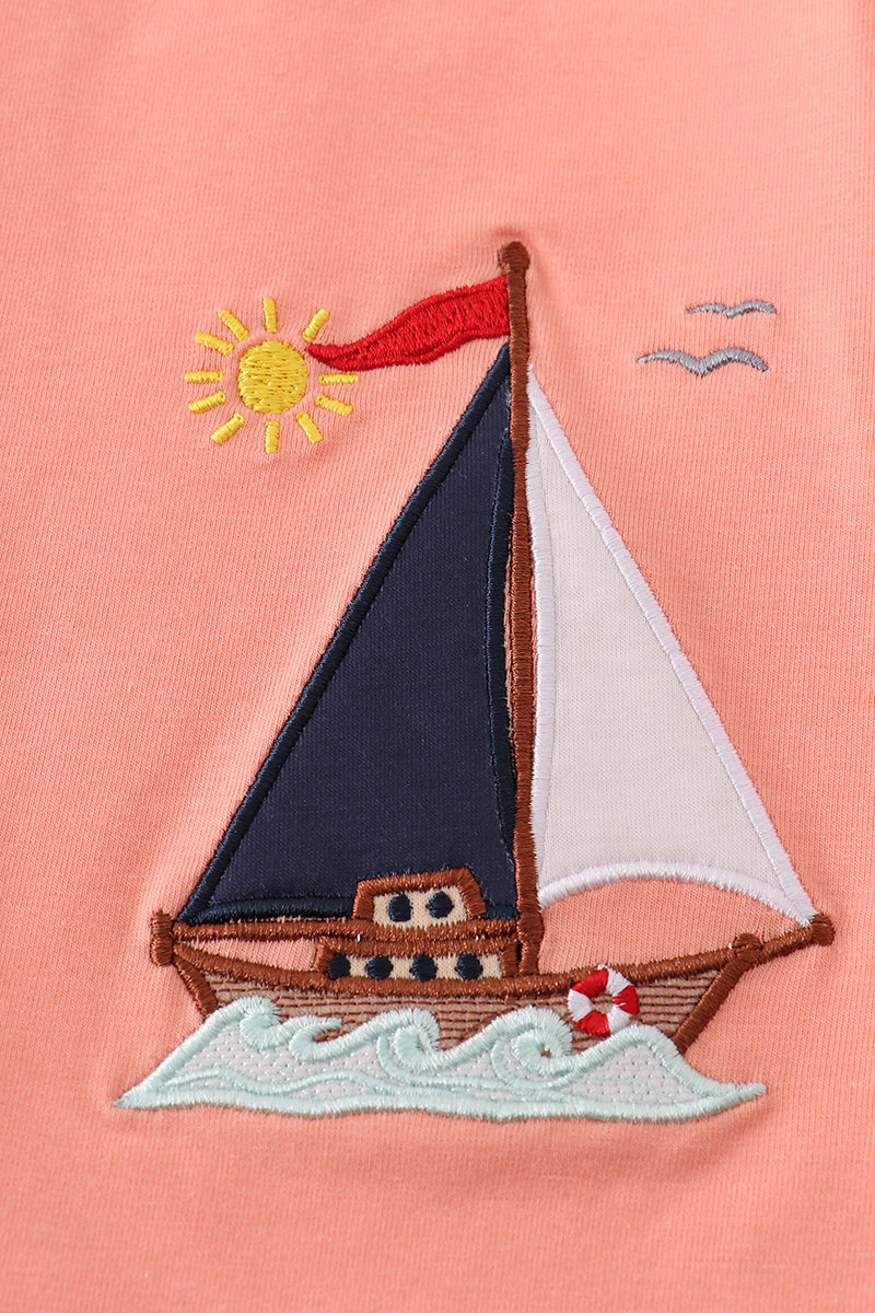 Coral sailboat applique ruffle shorts set