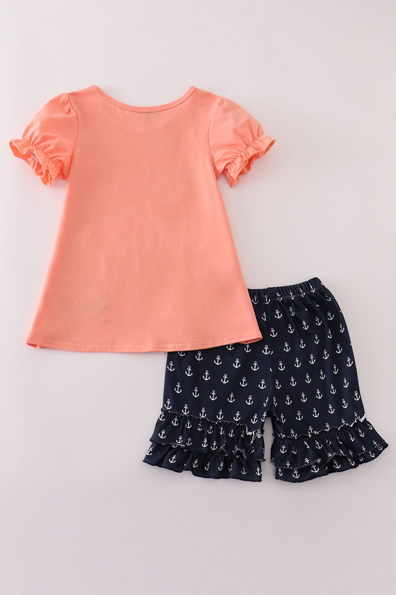 Coral sailboat applique ruffle shorts set
