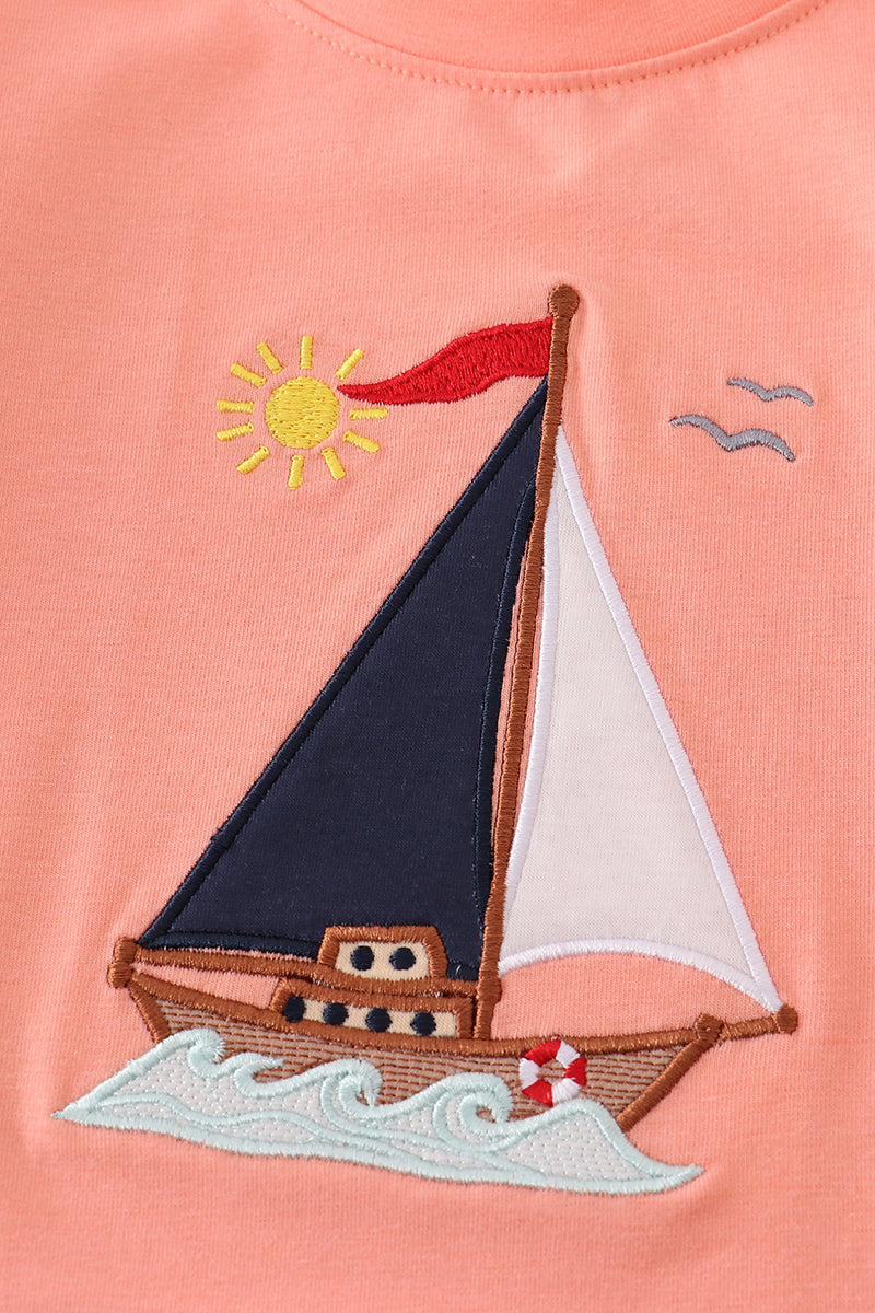 Coral sailboat applique shorts set