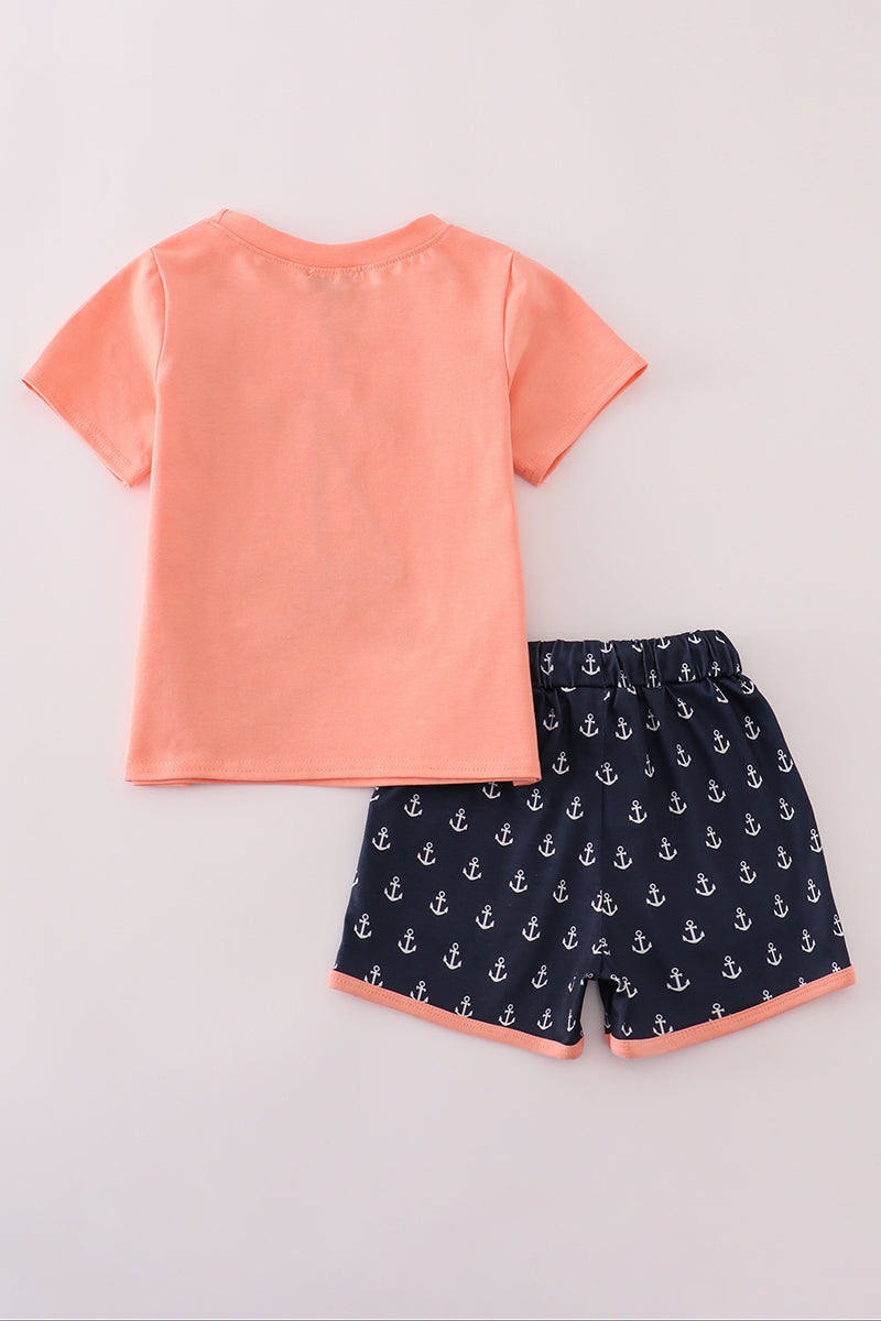 Coral sailboat applique shorts set