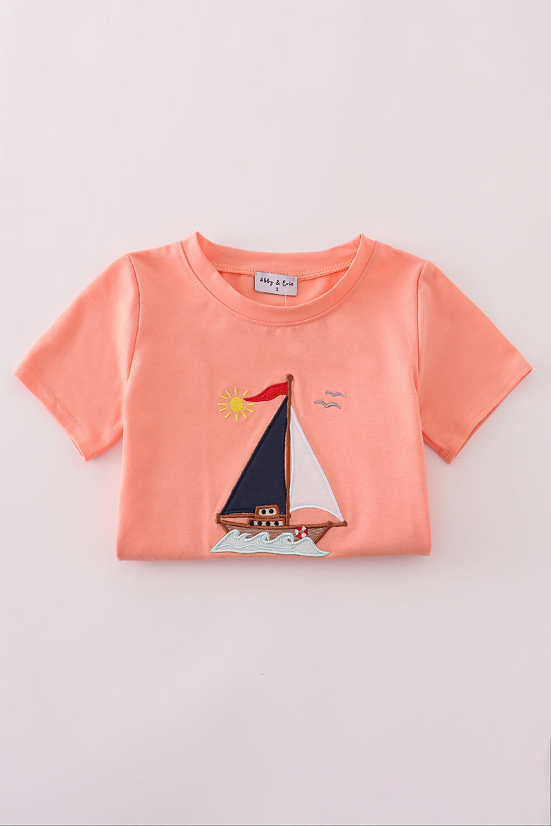 Coral sailboat applique shorts set