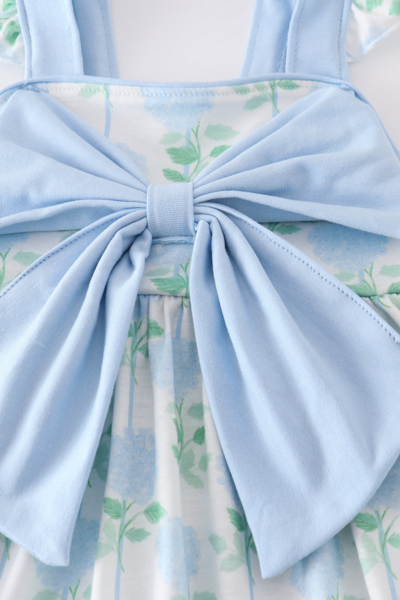 Blue hydrangea print bow ruffle shorts set