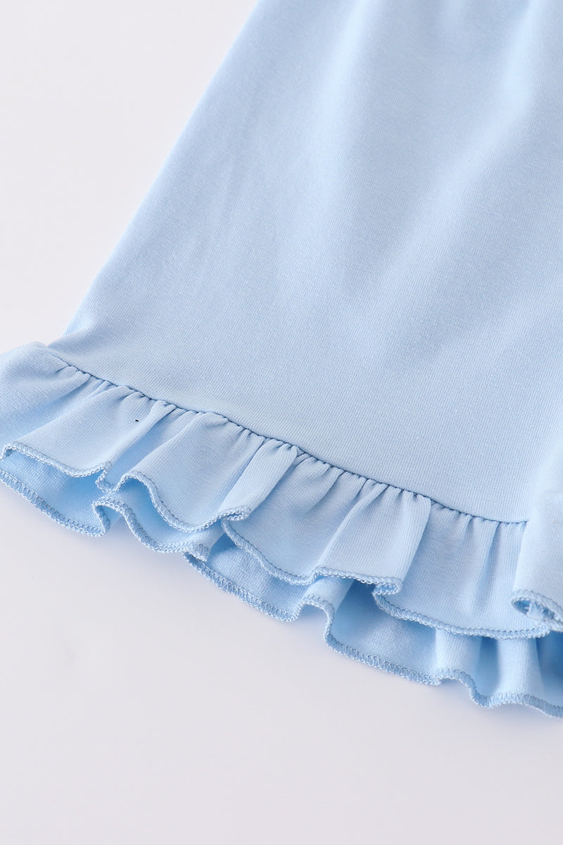 Blue hydrangea print bow ruffle shorts set