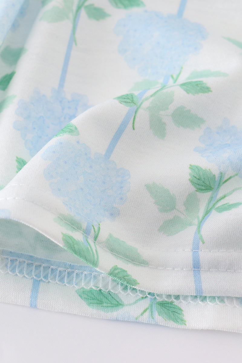 Blue hydrangea print bow ruffle shorts set