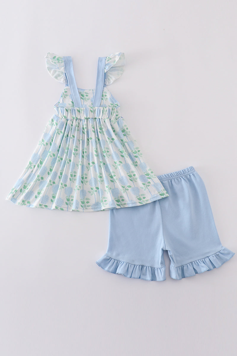 Blue hydrangea print bow ruffle shorts set