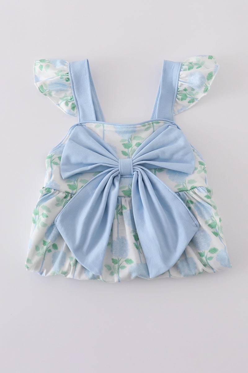 Blue hydrangea print bow ruffle shorts set