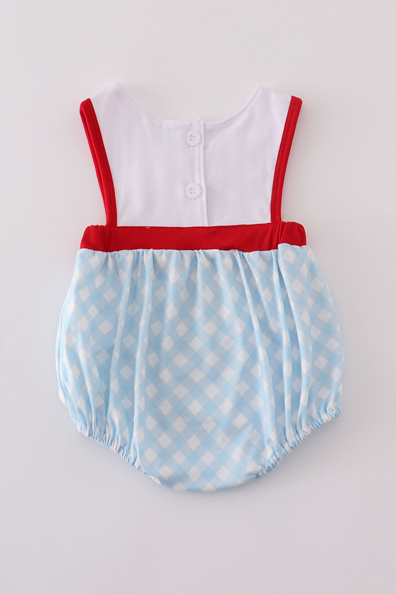 Blue flag embroidery bow gingham bubble