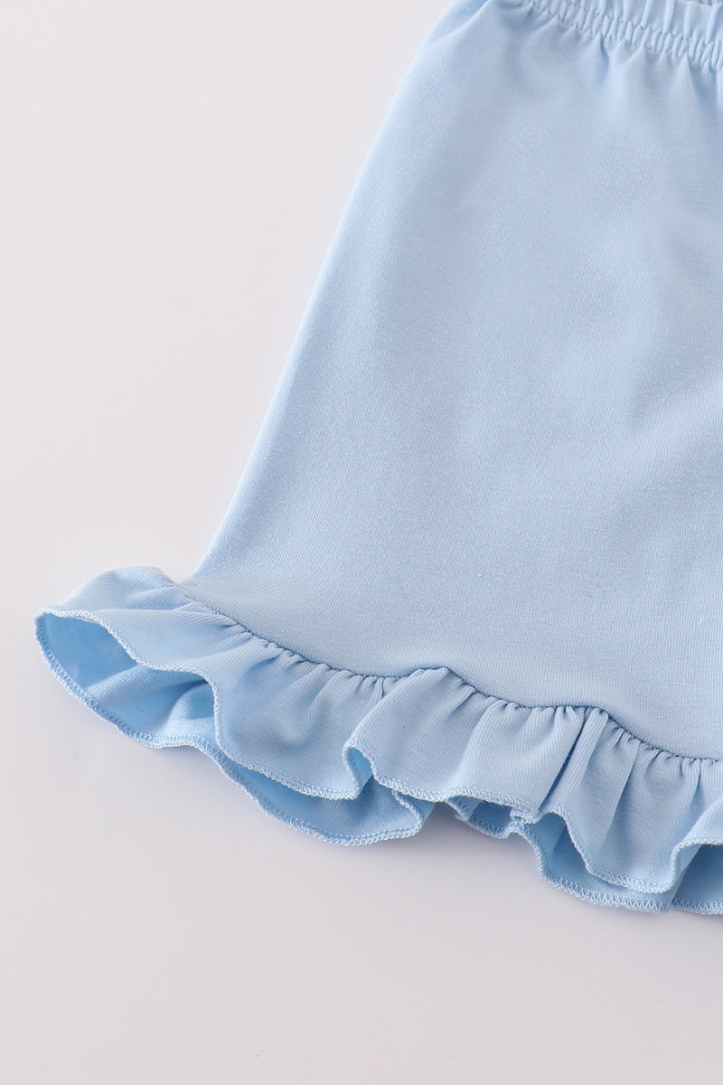 Blue floral print ruffle shorts set