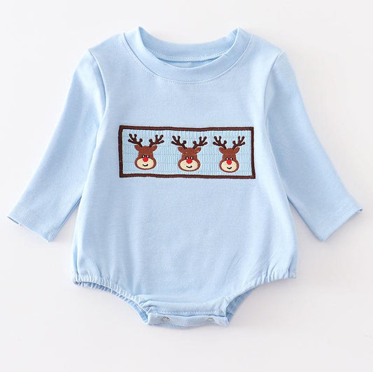 Blue deer smocked boy bubble