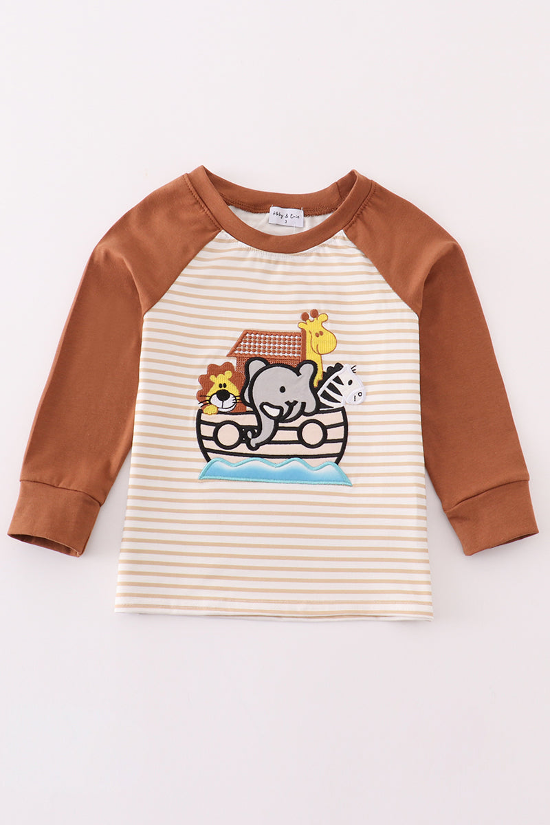 Noah's ark embroidery stripe boy top