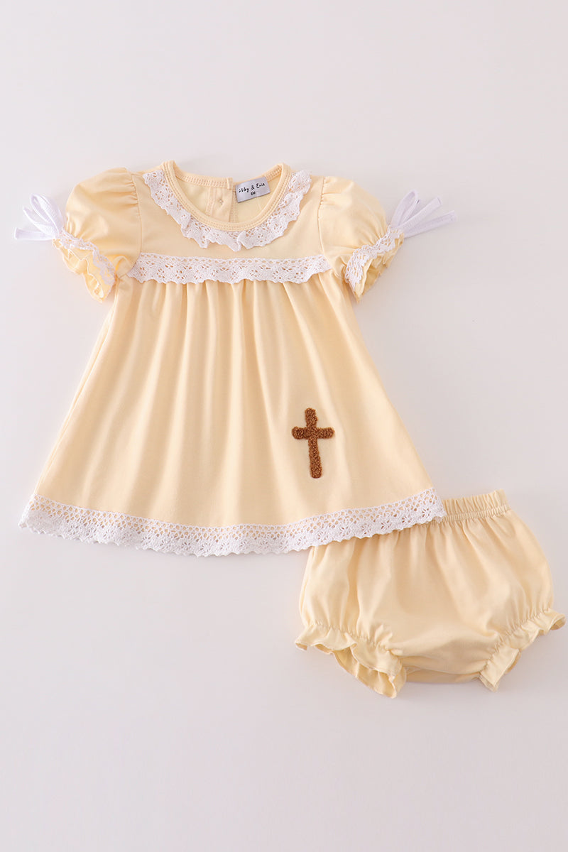 Beige easter cross french knot girl bloomer set