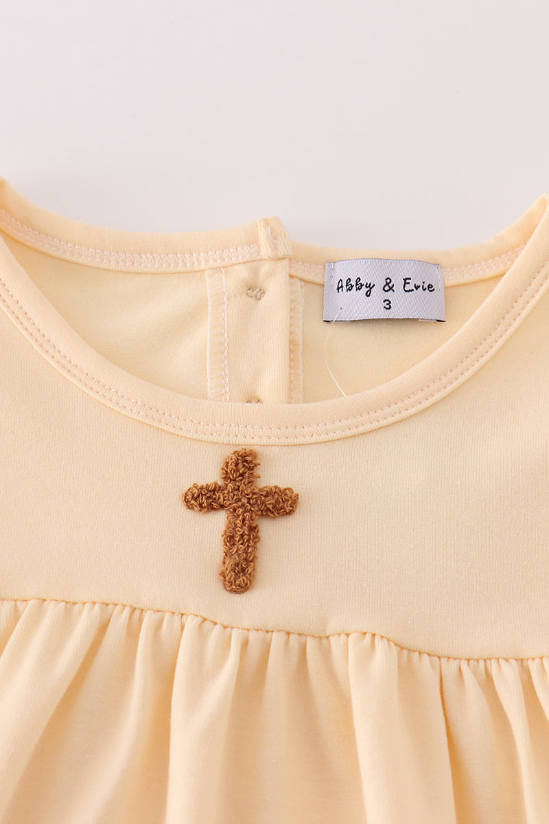 Beige easter cross french knot girl dress