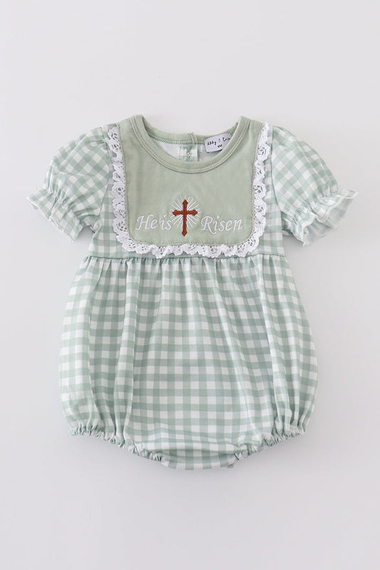 Sage easter he is risen cross embroidery girl bubble