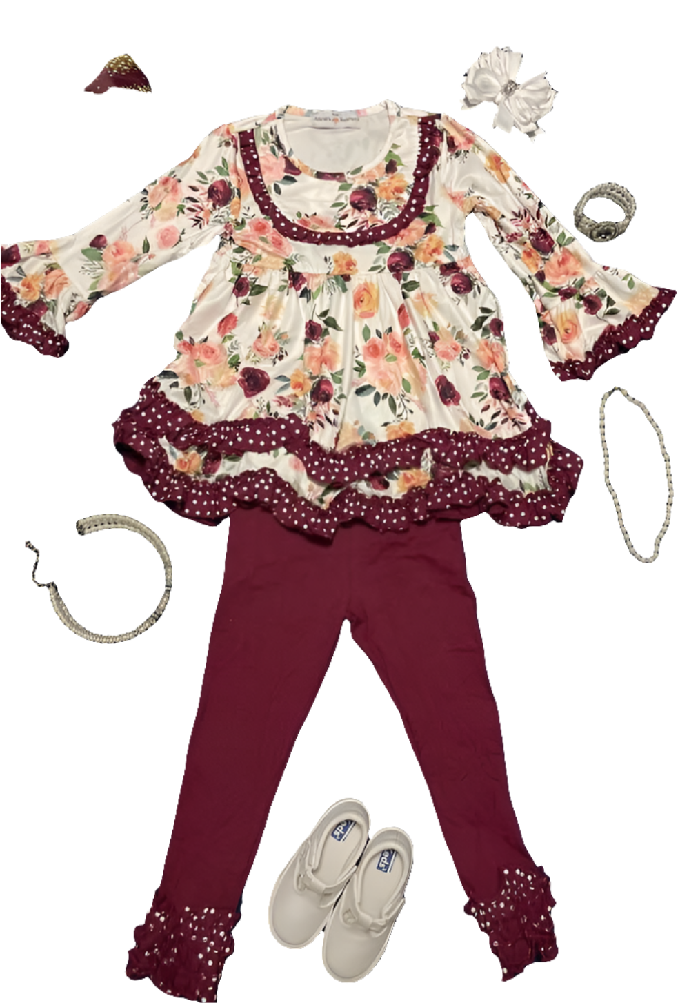 Kids Wine Floral Ruffle Pant Two Piece Fall Winter Set