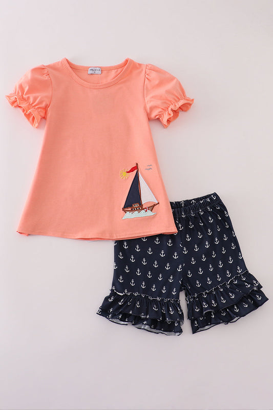 Coral sailboat applique ruffle shorts set