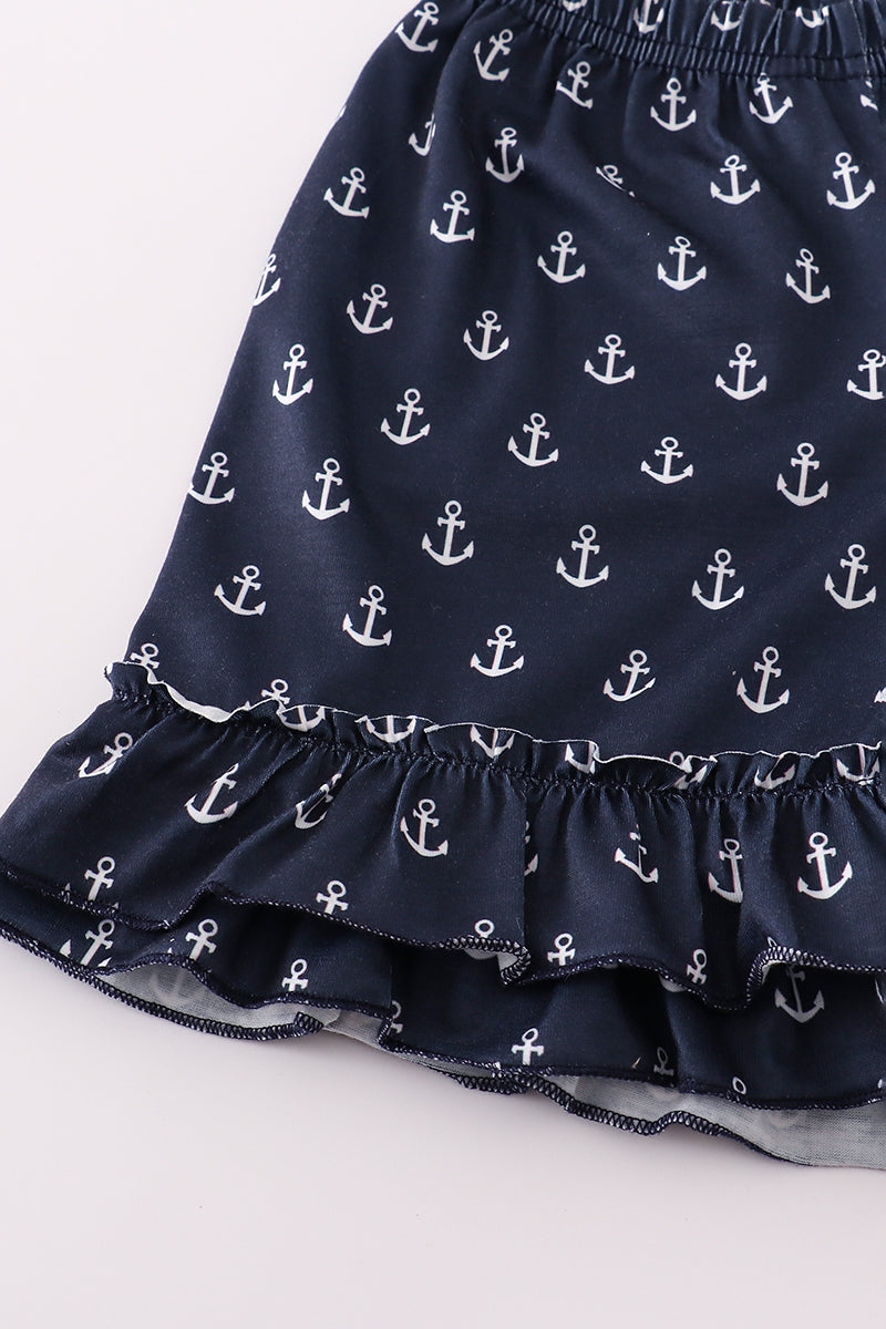 Coral sailboat applique ruffle shorts set