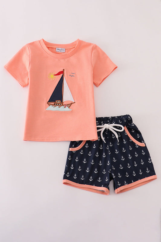 Coral sailboat applique shorts set