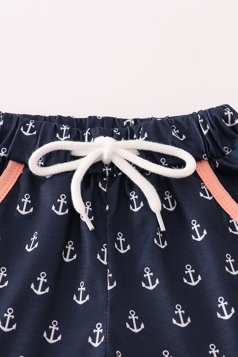 Coral sailboat applique shorts set