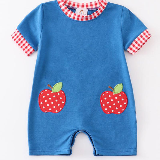 Blue apple applique back to school boy romper