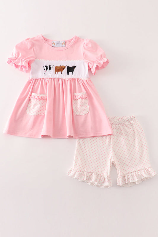 Pink cow embroidery girl set