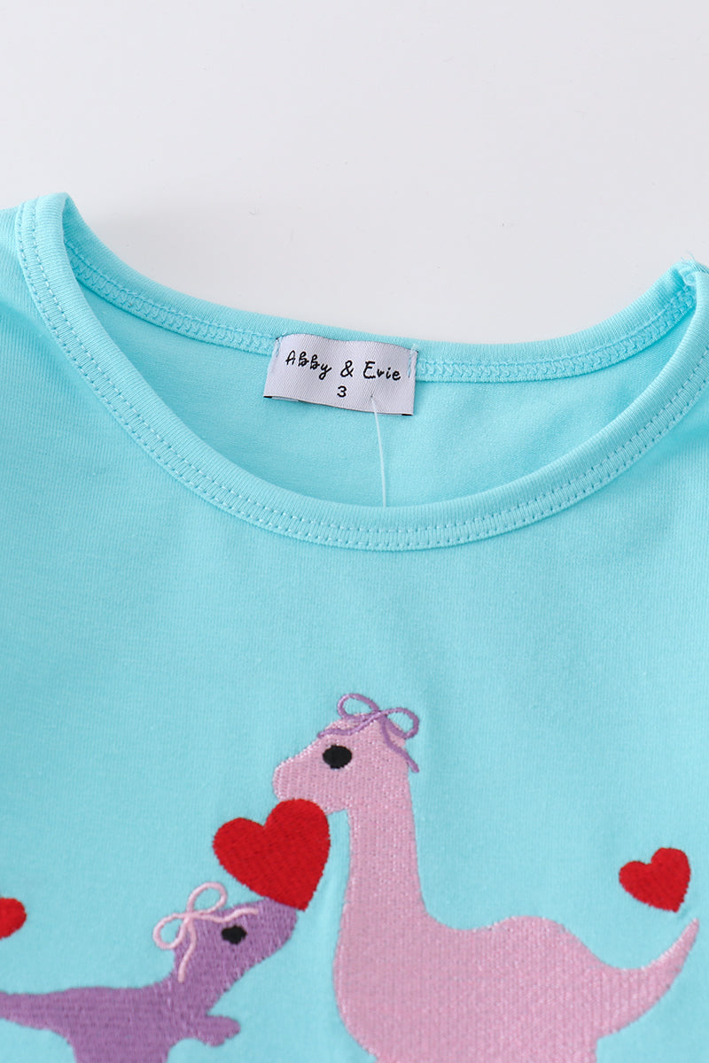 Blue valentine dinosaur embroidery girl set