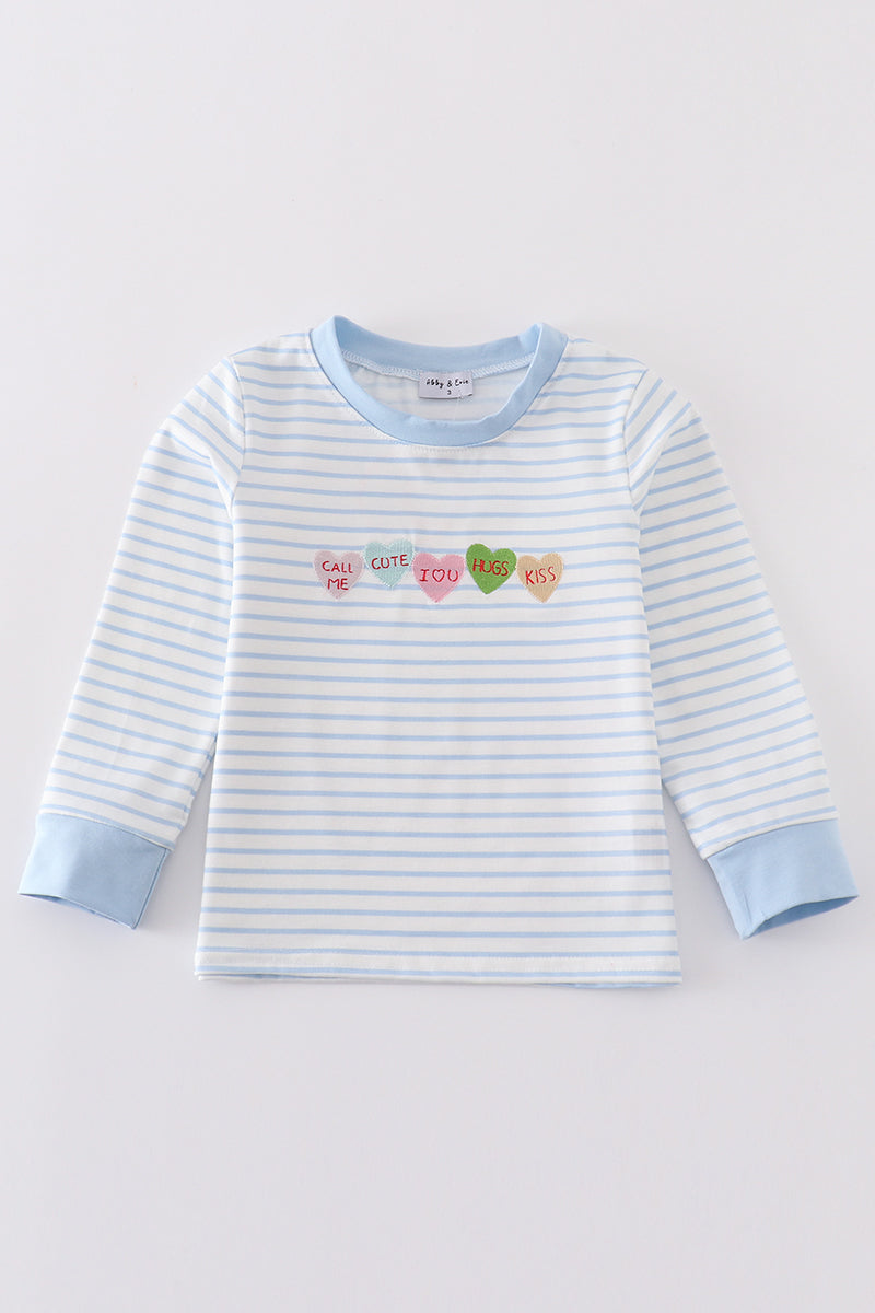 Blue stripe valentine heart embroidery boy top