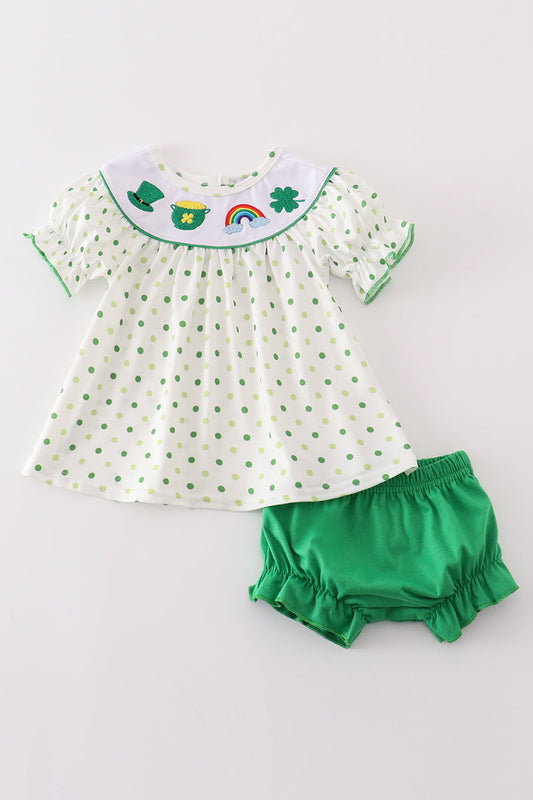 Green lucky clover embroidery girl bloomer set