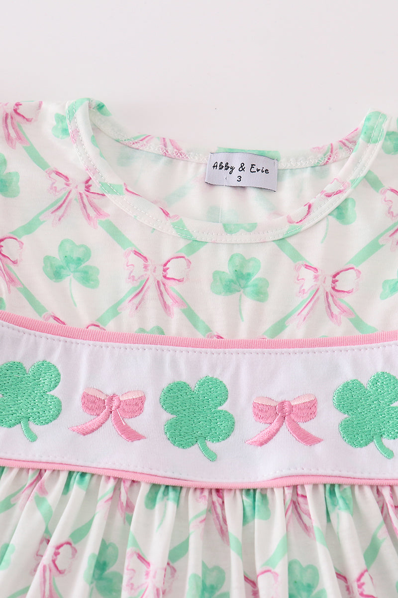 Pink green bow clover embroidery girl dress