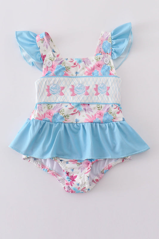 Blue floral embroidery one-piece swimsuit