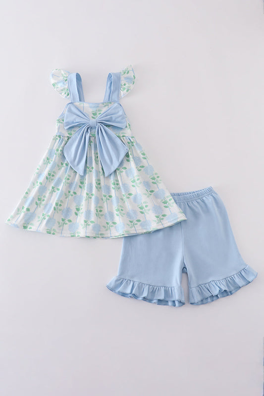 Blue hydrangea print bow ruffle shorts set