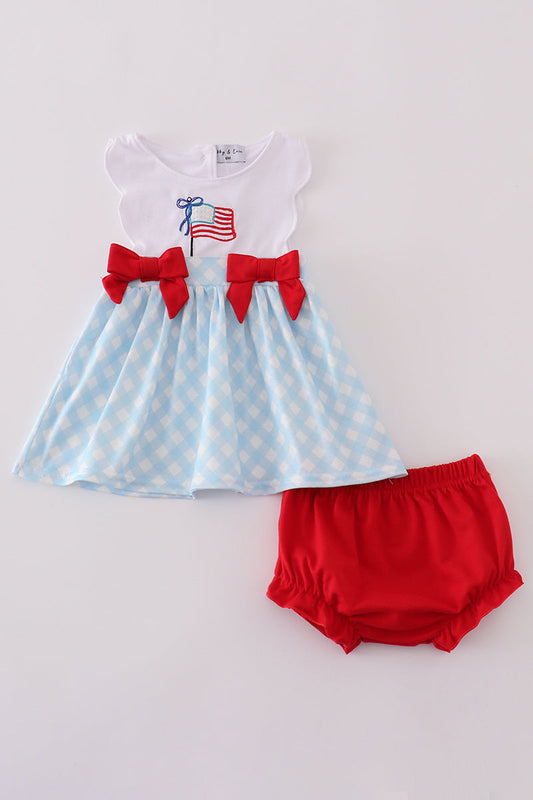 Blue flag embroidery bow gingham bloomer set
