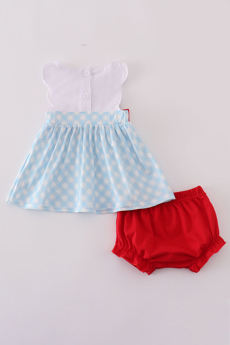 Blue flag embroidery bow gingham bloomer set