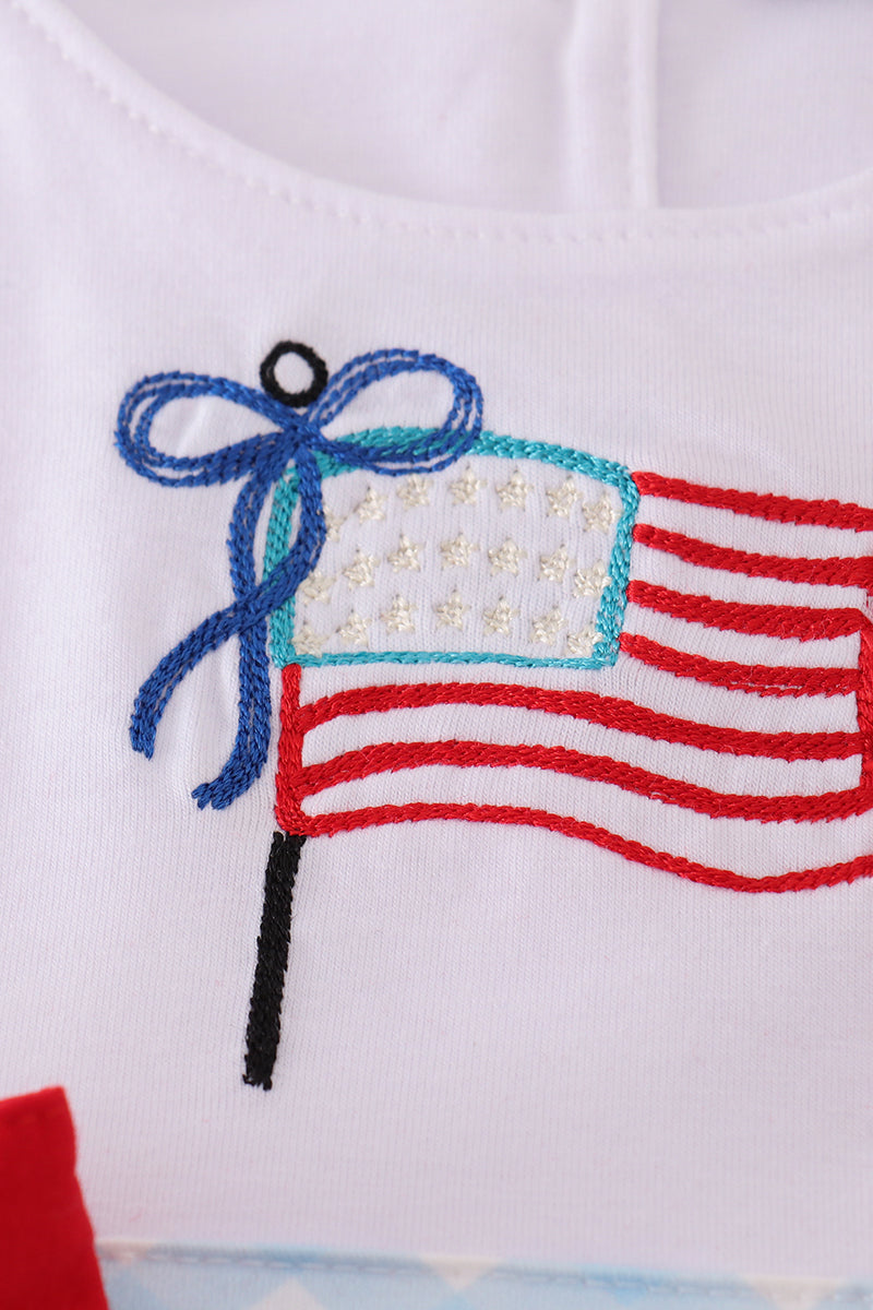 Blue flag embroidery bow gingham bloomer set