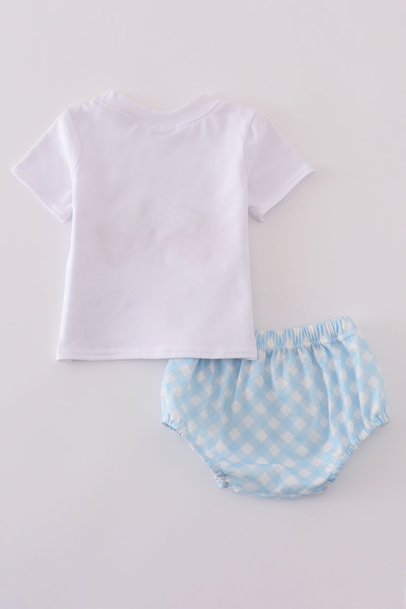 Blue flag embroidery gingham bloomer set