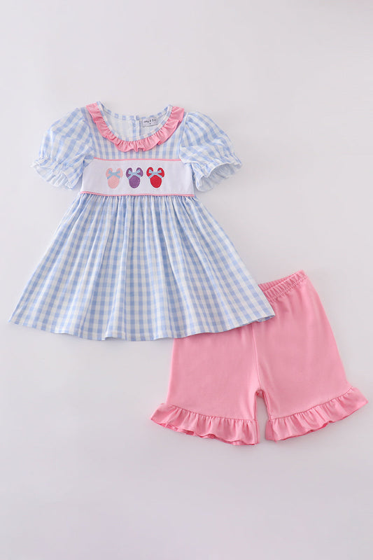 Blue character embroidery gingham ruffle shorts set
