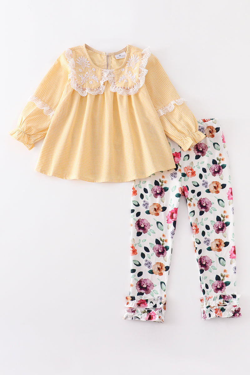 Abbie $ Evie Yellow floral embroidery ruffle girl set