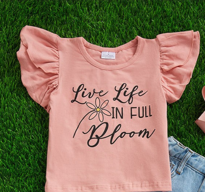 "Live Life In Full Bloom" Angel Sleeve Cameo Color Top