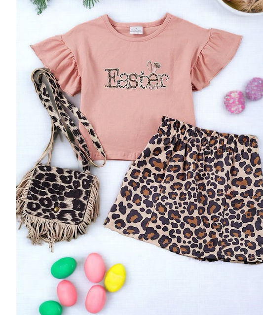 EASTER PRINTED RUFFLE SLEEVE TOP & LEOPARD PRINTED SKIRT.